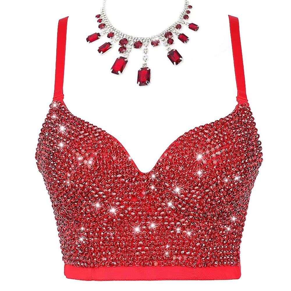 4473 Bustier Crop Top Mesh Corset Top Push up Rhinestone Diamond Bra Club